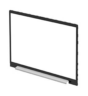 Black flat-panel display or screen with a white blank surface and a silver stand on a plain background.