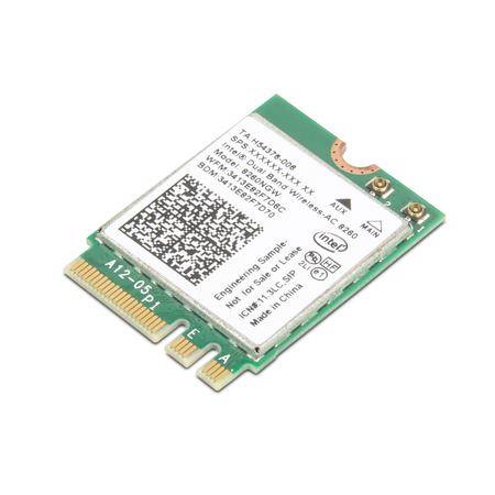 Wireless network card module with Intel logo, shown on a white background; a small green PCIe-style card with connector edge and antenna contacts.