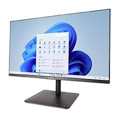 A black desktop monitor displaying the Windows 11 desktop with the Start menu open on a blue abstract wallpaper.<br>