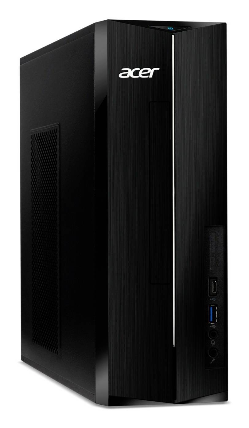 Black Acer desktop tower computer with front USB ports and power button on a white background.