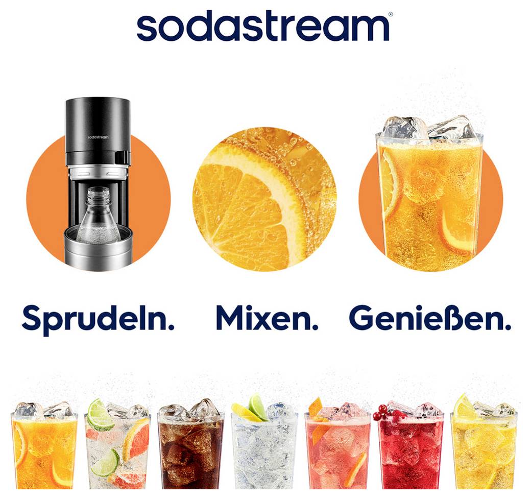 SodaStream ad showing a sparkling water maker, orange slice, and fruit drinks, with German text 'Sprudeln. Mixen. Genießen.' and assorted flavored beverages below.