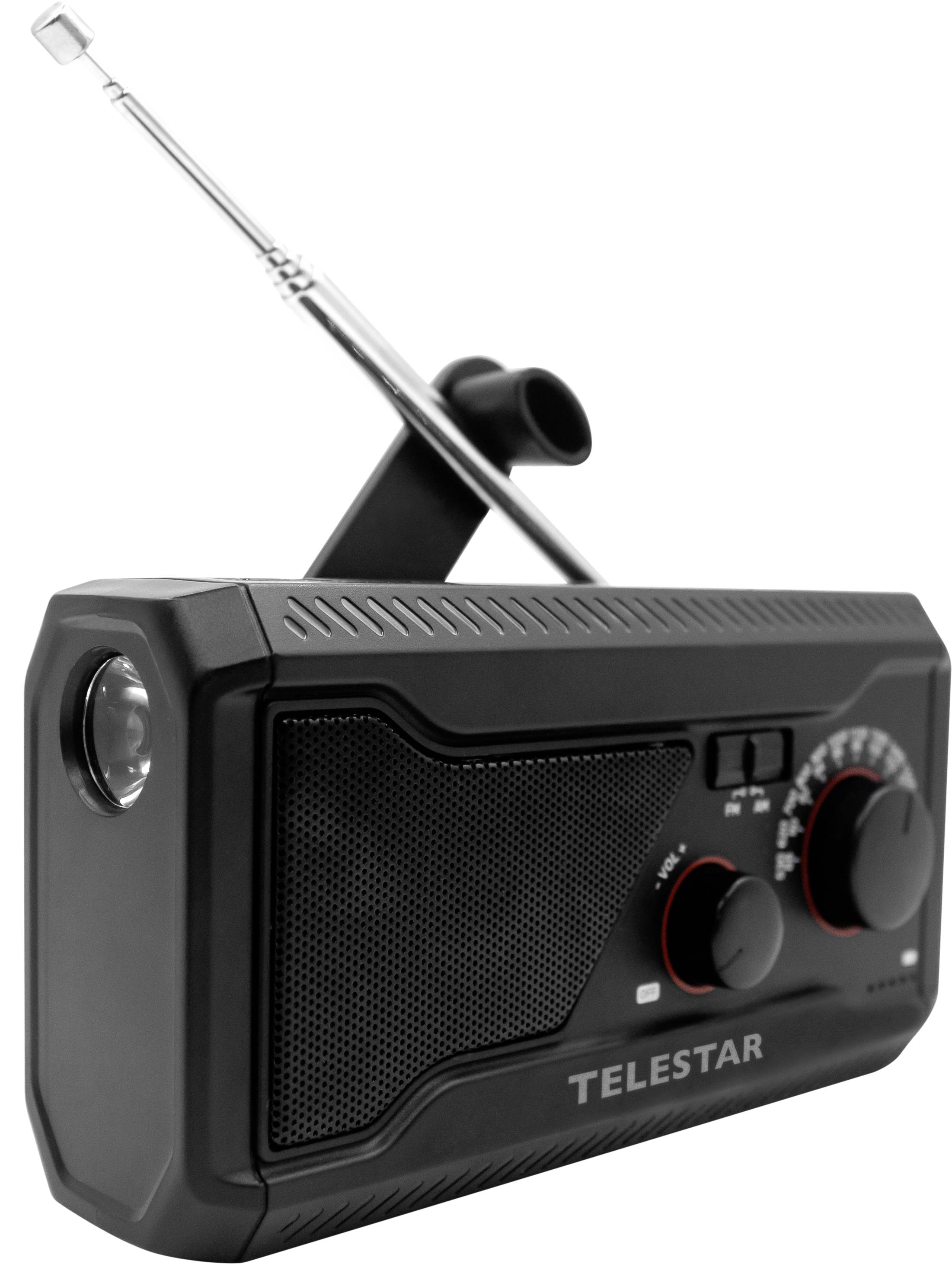 Black Telestar portable radio with antenna and tuning dials on a white background
