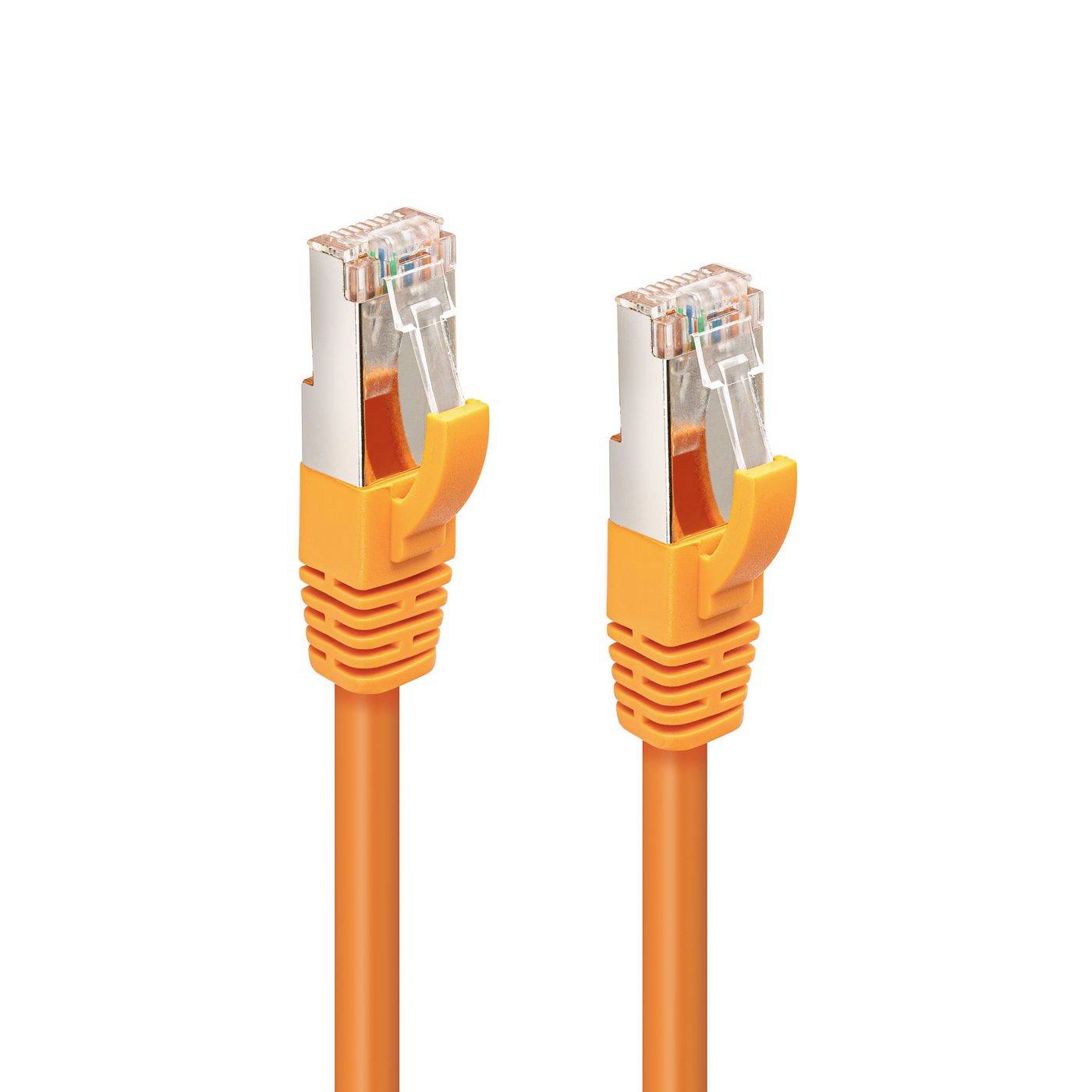 Two orange Ethernet cable connectors shown side by side on a white background.