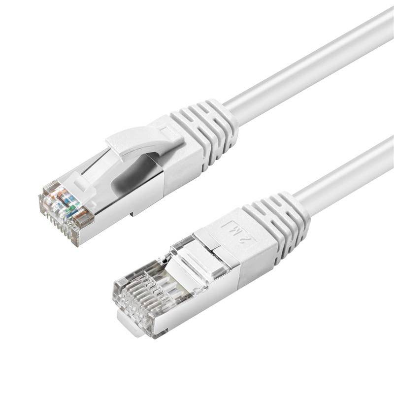 Two Ethernet network cable connectors, one open RJ45 plug and one standard plug, on a white background.