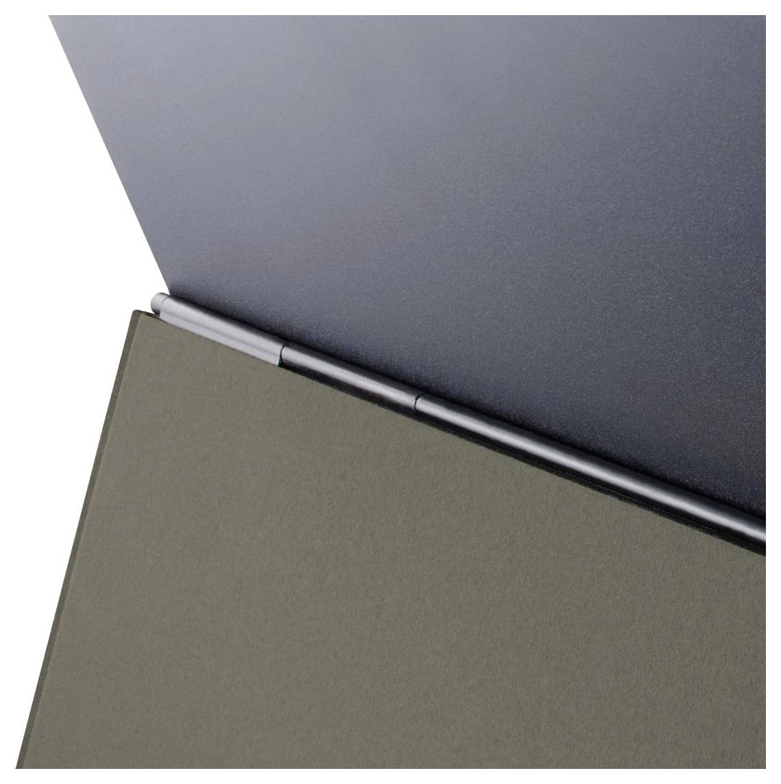 Close-up of an open laptop showing the hinge and dark gray lid with a muted green base.<br>