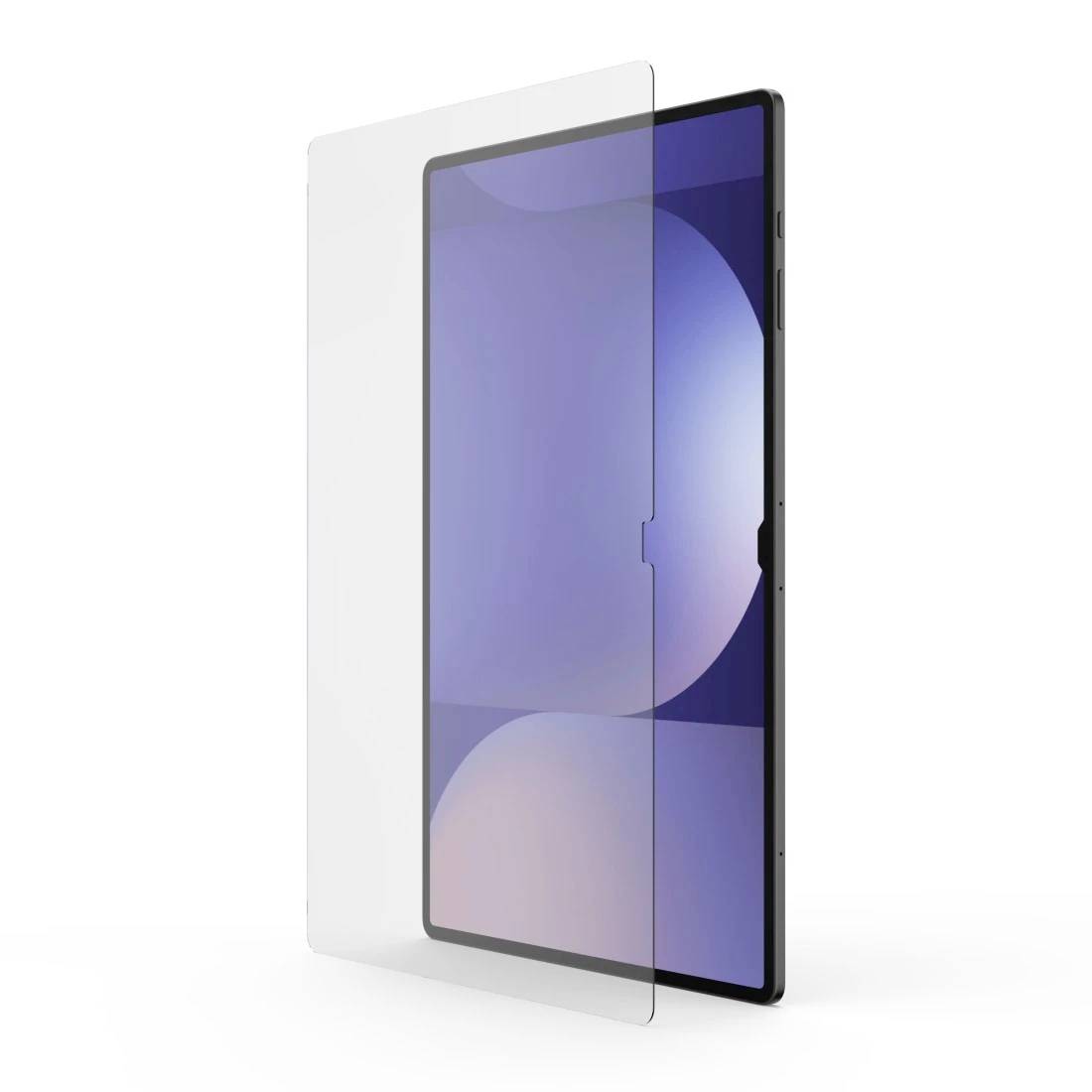 Transparent screen protector shown aligned with a smartphone, illustrating a protective accessory for the device display.
