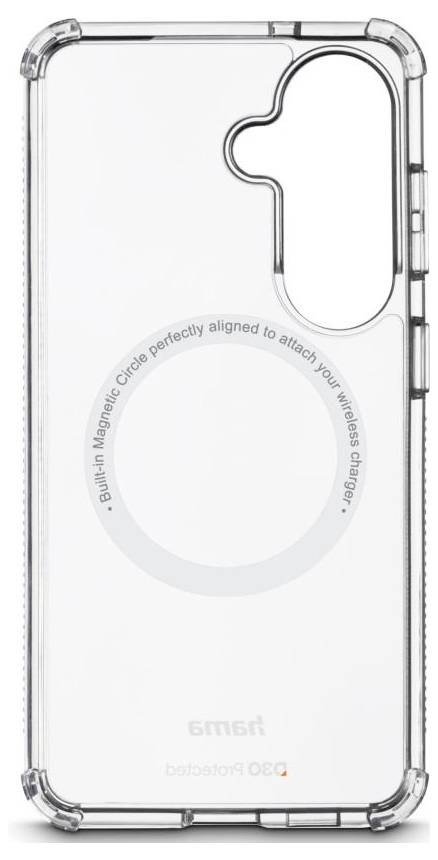 Clear protective phone case with a large circular MagSafe alignment ring and raised camera cutout, shown on a white background.