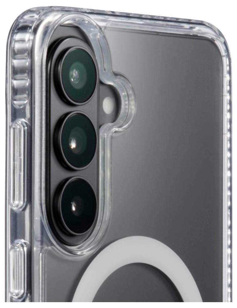 Close-up of a clear smartphone case showing the rear triple-camera cutout and a MagSafe ring on the back of a phone.