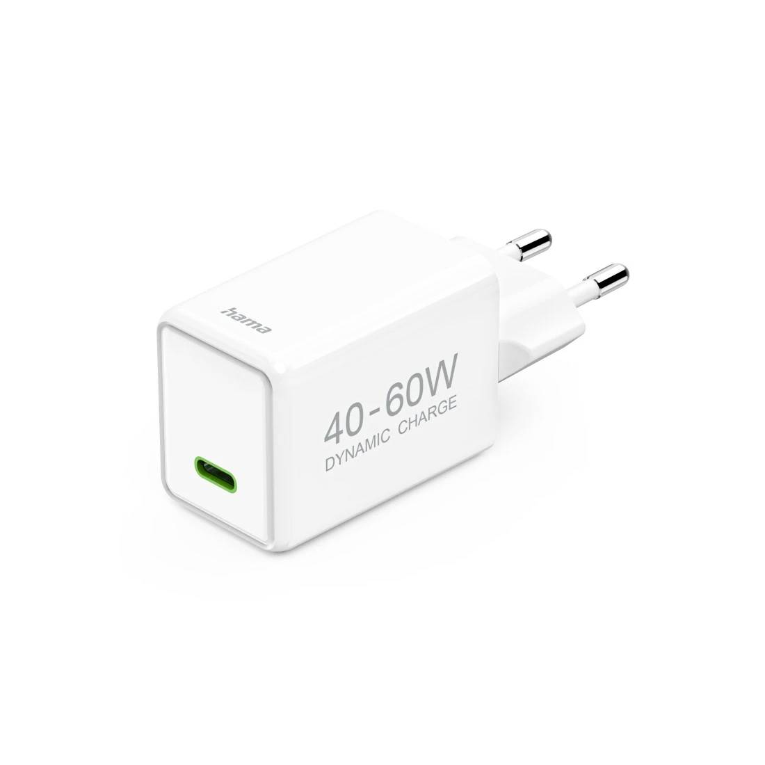White USB wall charger with two-pin plug and green USB-C port, labeled '40-60W DYNAMIC CHARGE'.