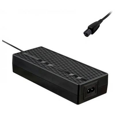 Black rectangular power supply adapter with vented top, attached cord, and two-prong input/output ports on a white background