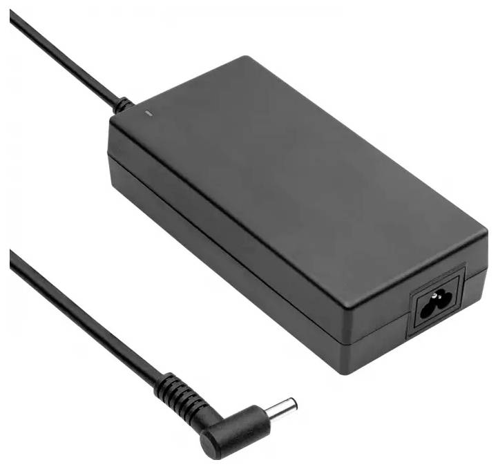 Black rectangular laptop power adapter with attached cable and right-angle DC barrel plug on a white background.
