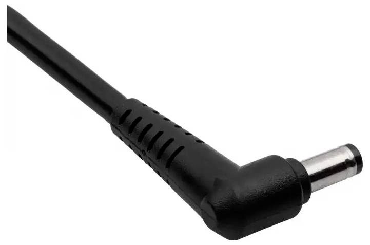 Close-up of a black right-angle DC power plug with cable, showing the metal connector tip on a white background.