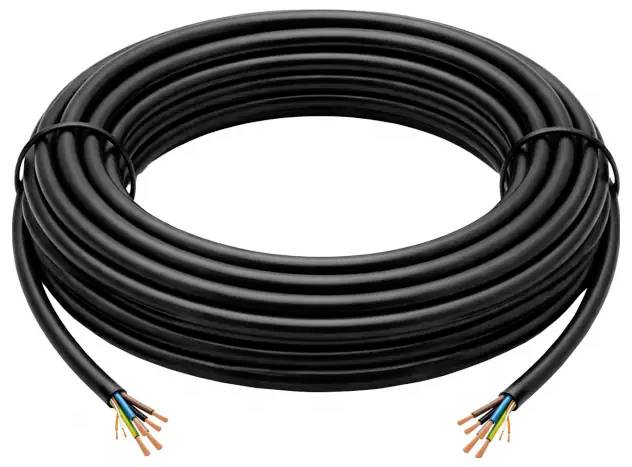 Coiled black multi-core electrical cable with exposed colored wire ends on both sides.<br>