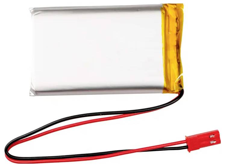 Small silver rechargeable battery pack with red and black wires ending in a red connector on a white background.