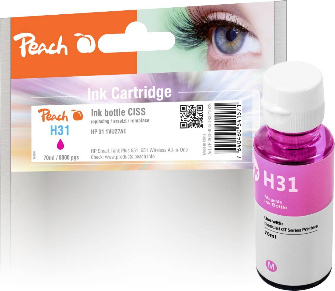 Peach H31 Magenta ink cartridge, 70 ml, compatible with HP Smart Tank Plus/516 and other HP tank printers; packaging and bottle shown.