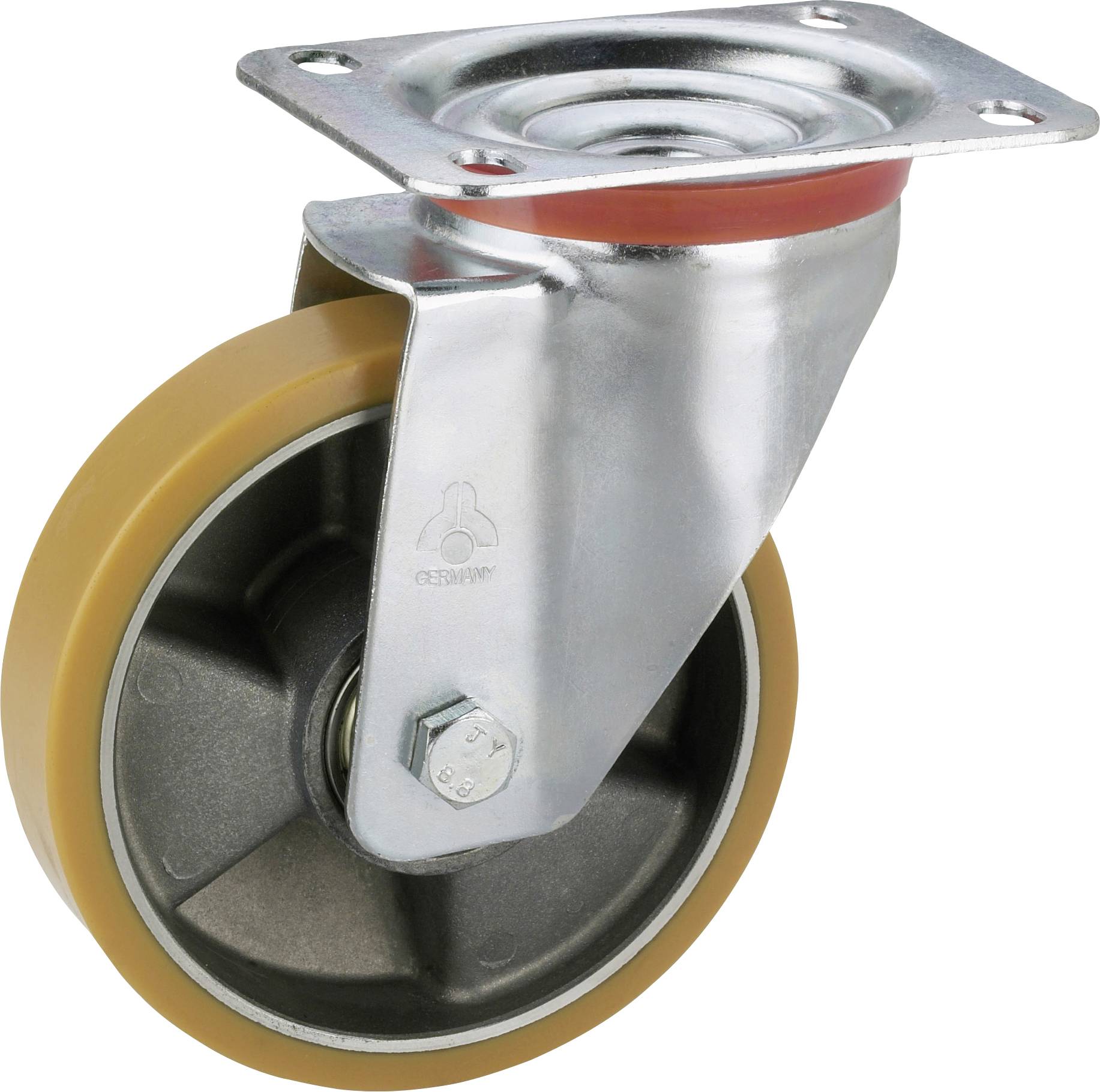 Swivel caster wheel with orange tread and metal mounting plate, shown on a white background.