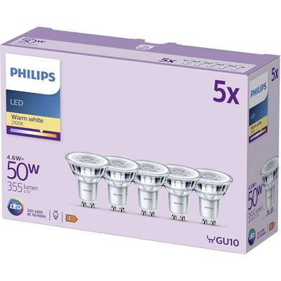 Philips 5-pack GU10 LED bulbs, warm white 2700K, 4.6W equivalent to 50W, 355 lumens.