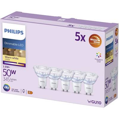 Box of Philips dimmable LED spotlight bulbs, 5-pack, warm white 2700K, 3.8W equals 50W, 345 lumens, GU10 base.