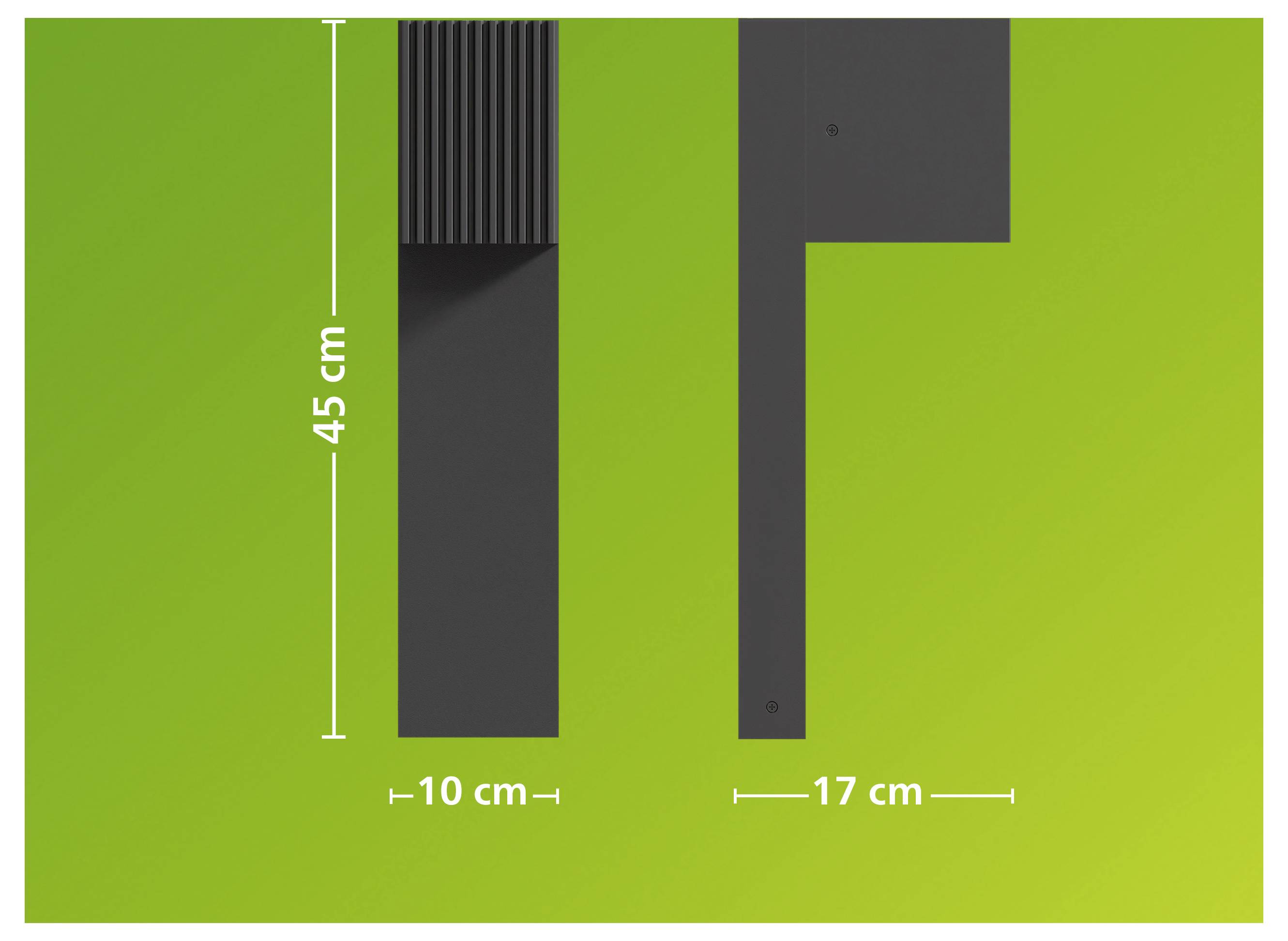Two black rectangular objects shown on a green background with measurements labeled 45 cm, 10 cm, and 17 cm.