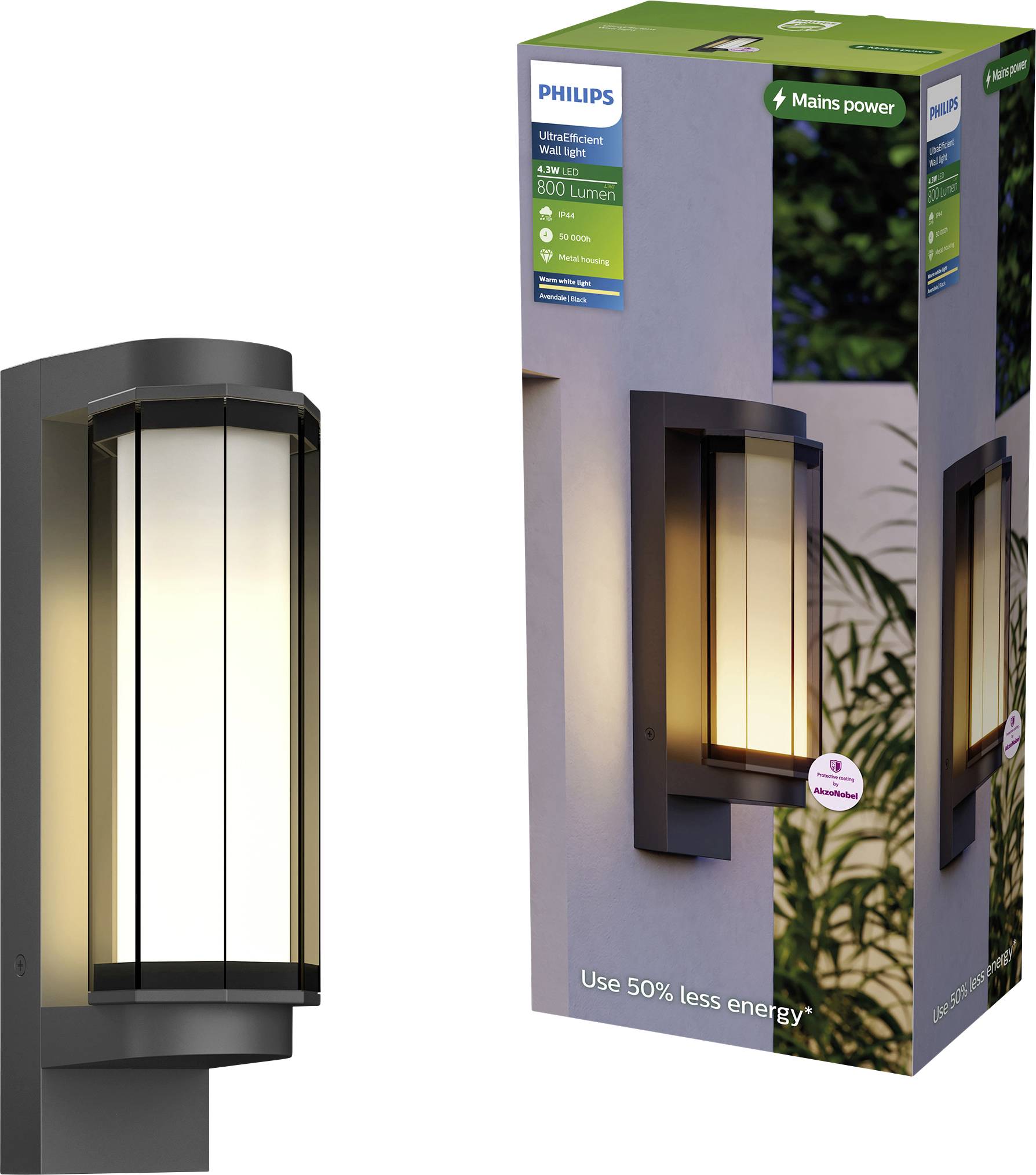 Philips outdoor wall light shown lit beside its retail box, labeled 800 lumens and 'Mains power' with 'Use 50% less energy.'<br>