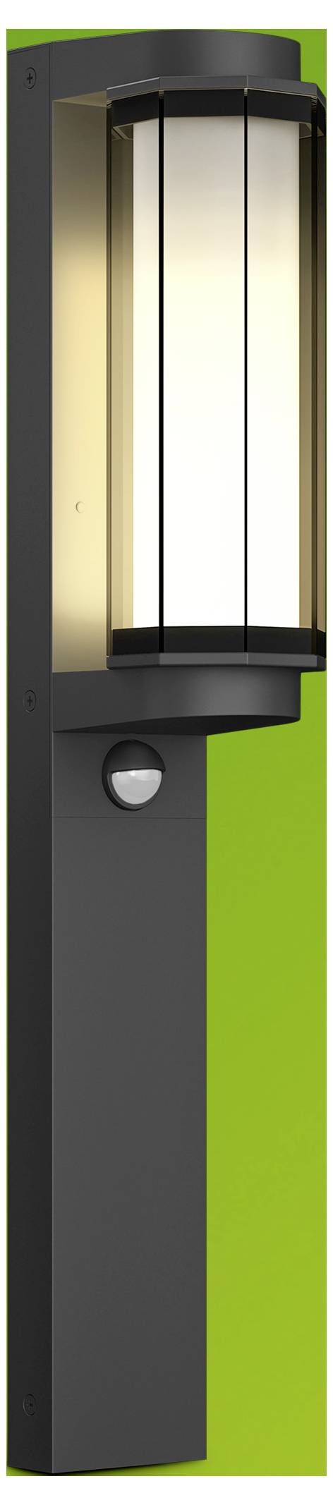 Black outdoor wall light fixture with frosted glass lantern and motion sensor on a dark vertical mount against a bright green background