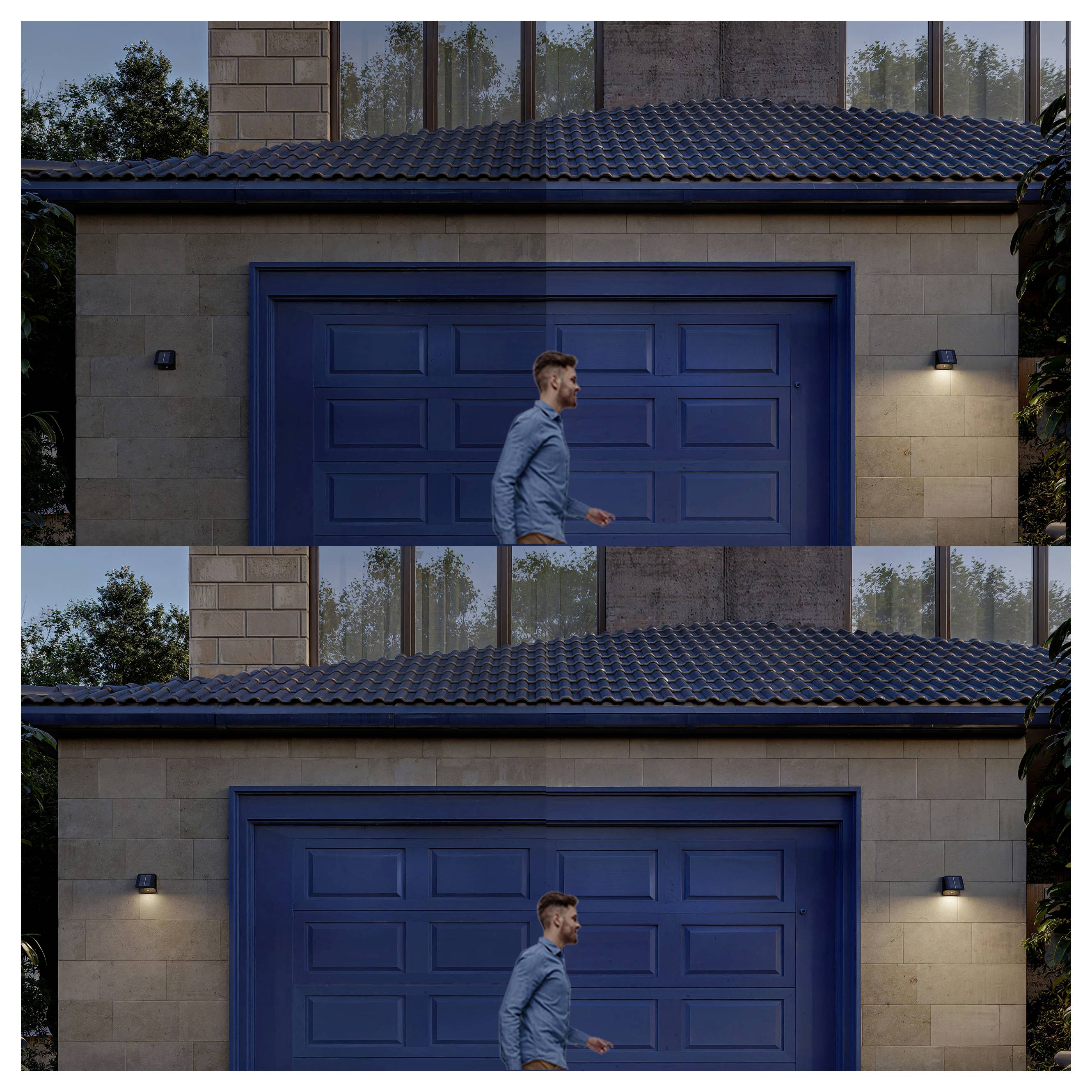 Man walking past a blue garage door at a modern house at dusk, shown twice in a vertically stacked split-screen style image.