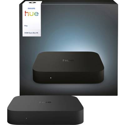 Philips Hue Play HDMI Sync Box 4K product box showing a black sync box device on a dark gradient background.