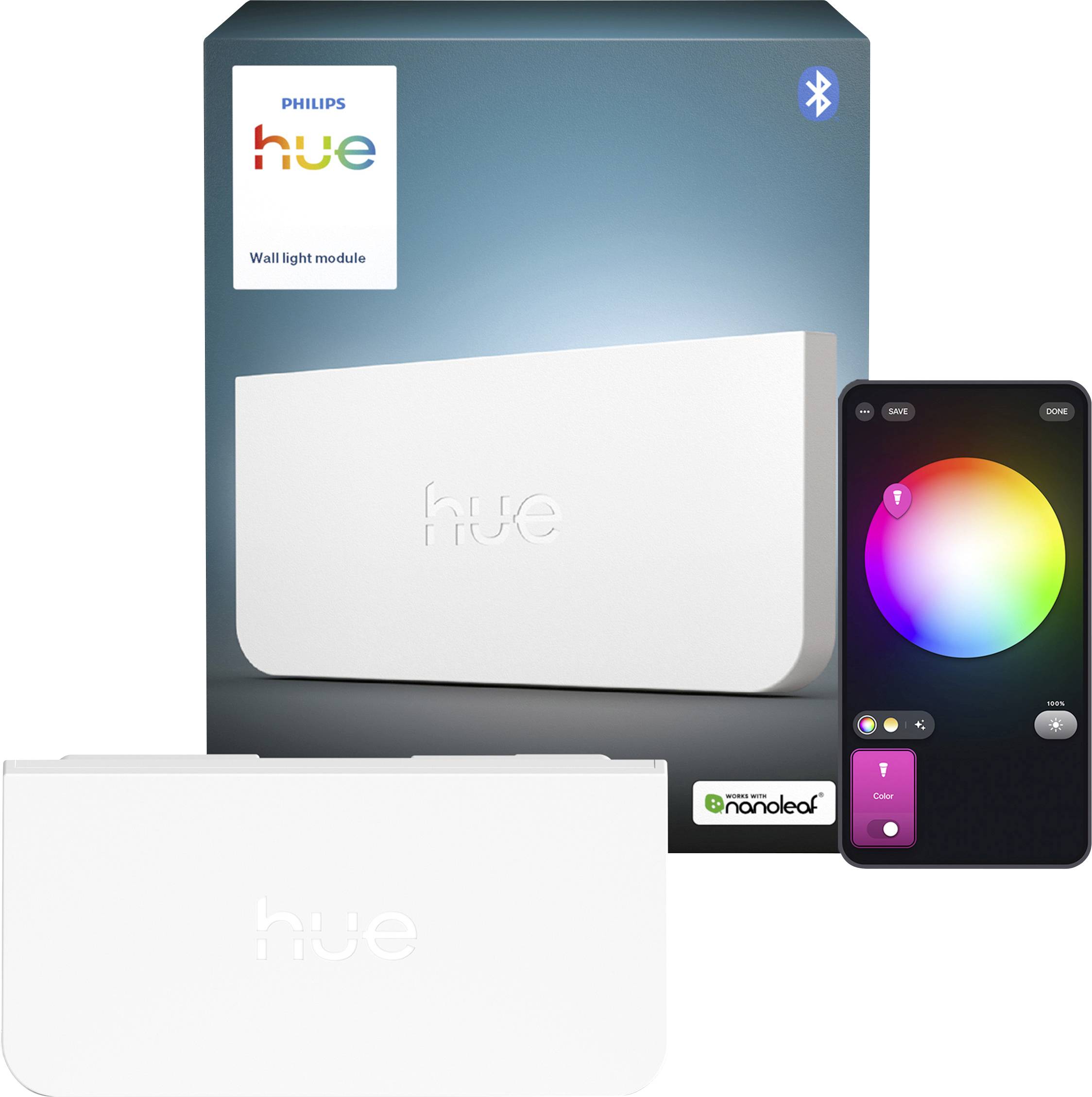 Philips Hue Wall Light Module box with Bluetooth icon, product photo, and smartphone app showing a color wheel for smart lighting control.