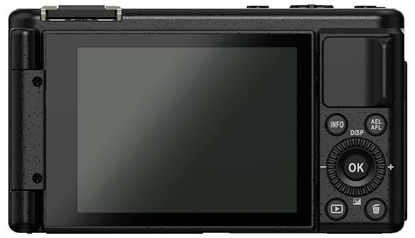 Back view of a compact digital camera with a large blank LCD screen and control buttons on the right side.