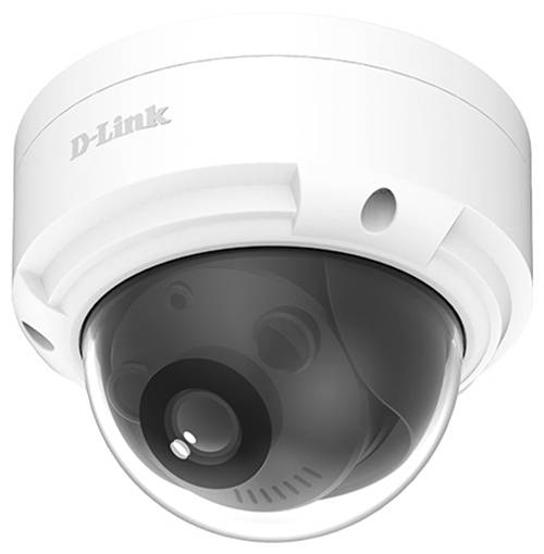 D-Link dome security camera with a white ceiling mount and black reflective lens cover.