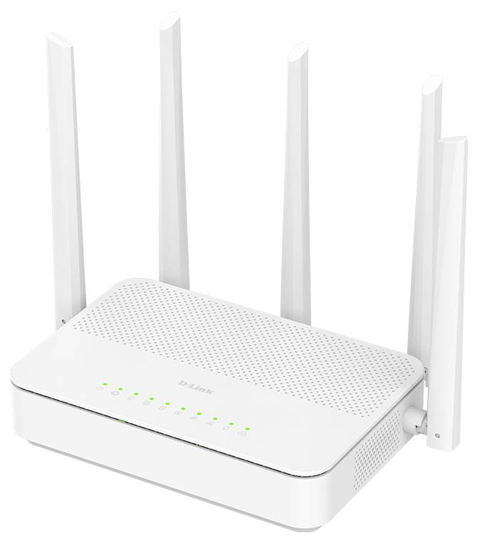 White D-Link wireless router with four antennas and green status lights on the front.