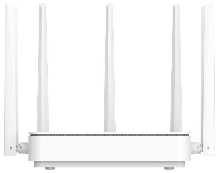 White wireless router with four external antennas on a plain background<br>