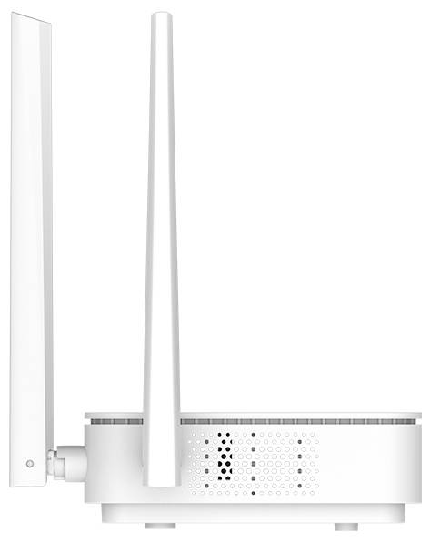 White Wi‑Fi router with two tall antennas and a perforated side panel, shown on a plain white background.
