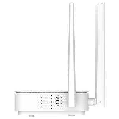 White wireless router with two tall antennas and a perforated vented base, shown on a plain background.