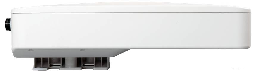 White rectangular electronic device shown in side view, with a black connector on the left and mounting brackets underneath.