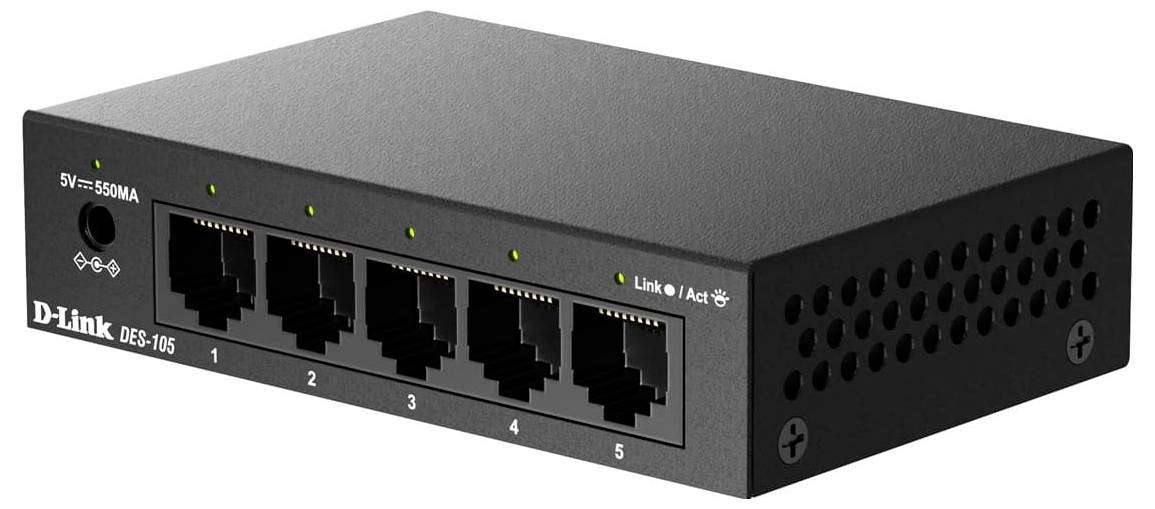 D-Link DES-105 5-port Ethernet switch shown in black metal case with five front RJ45 ports and status lights.