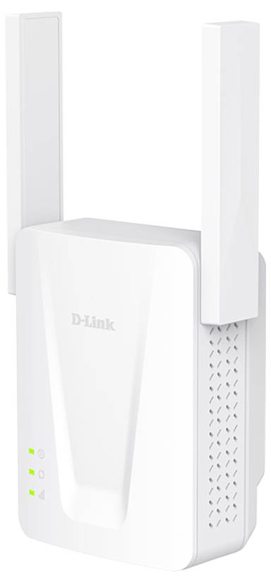 White D-Link Wi‑Fi extender with two external antennas and three green status lights, shown on a plain white background.