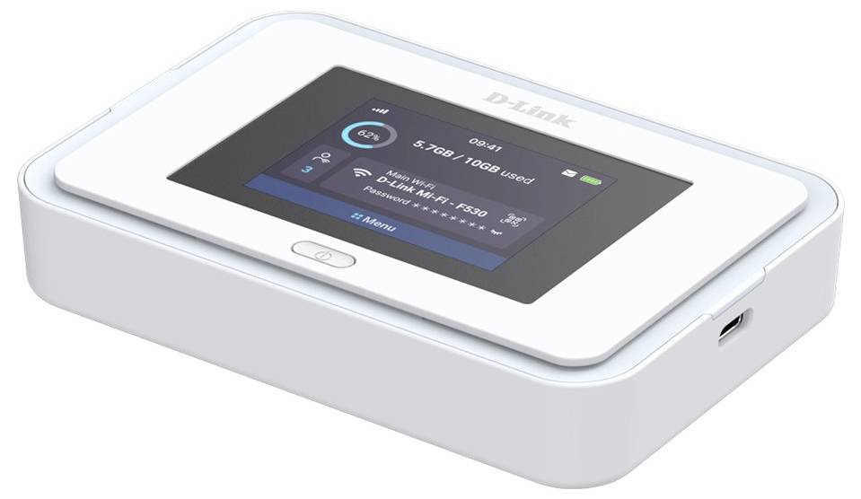 Portable D-Link mobile hotspot device shown at an angle, with a color display displaying Wi‑Fi status, signal, battery, and data usage.