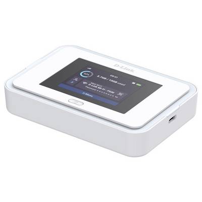 Portable D-Link mobile hotspot device shown at an angle, with a color display displaying Wi‑Fi status, signal, battery, and data usage.