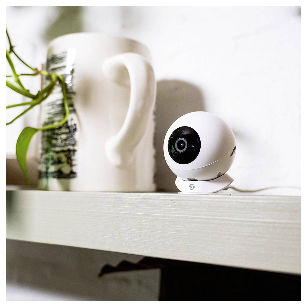 Small white security camera on a shelf beside a plant and pitcher, with its lens facing forward.