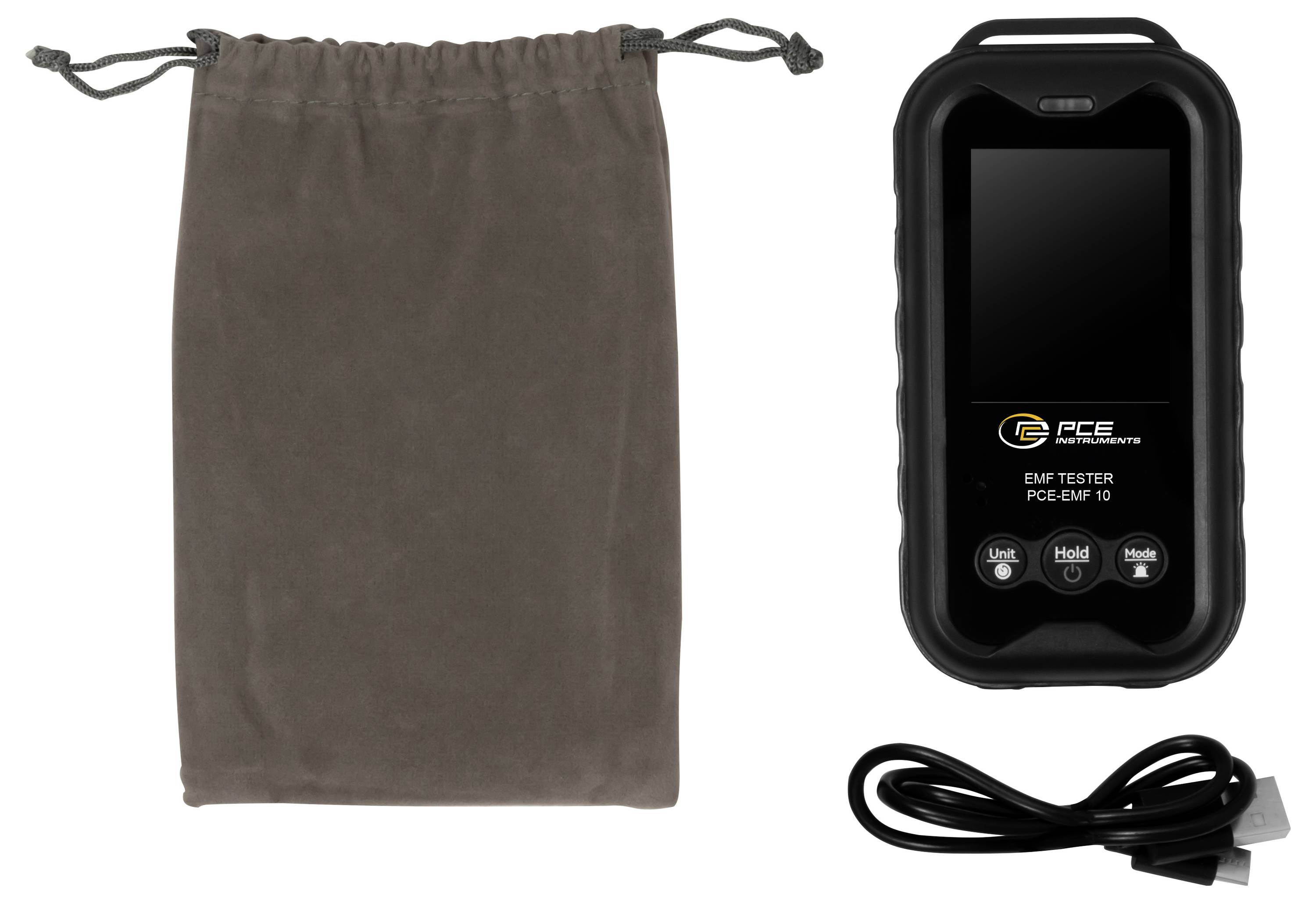 RCE EMF tester kit with black handheld meter, USB cable, and brown drawstring pouch.