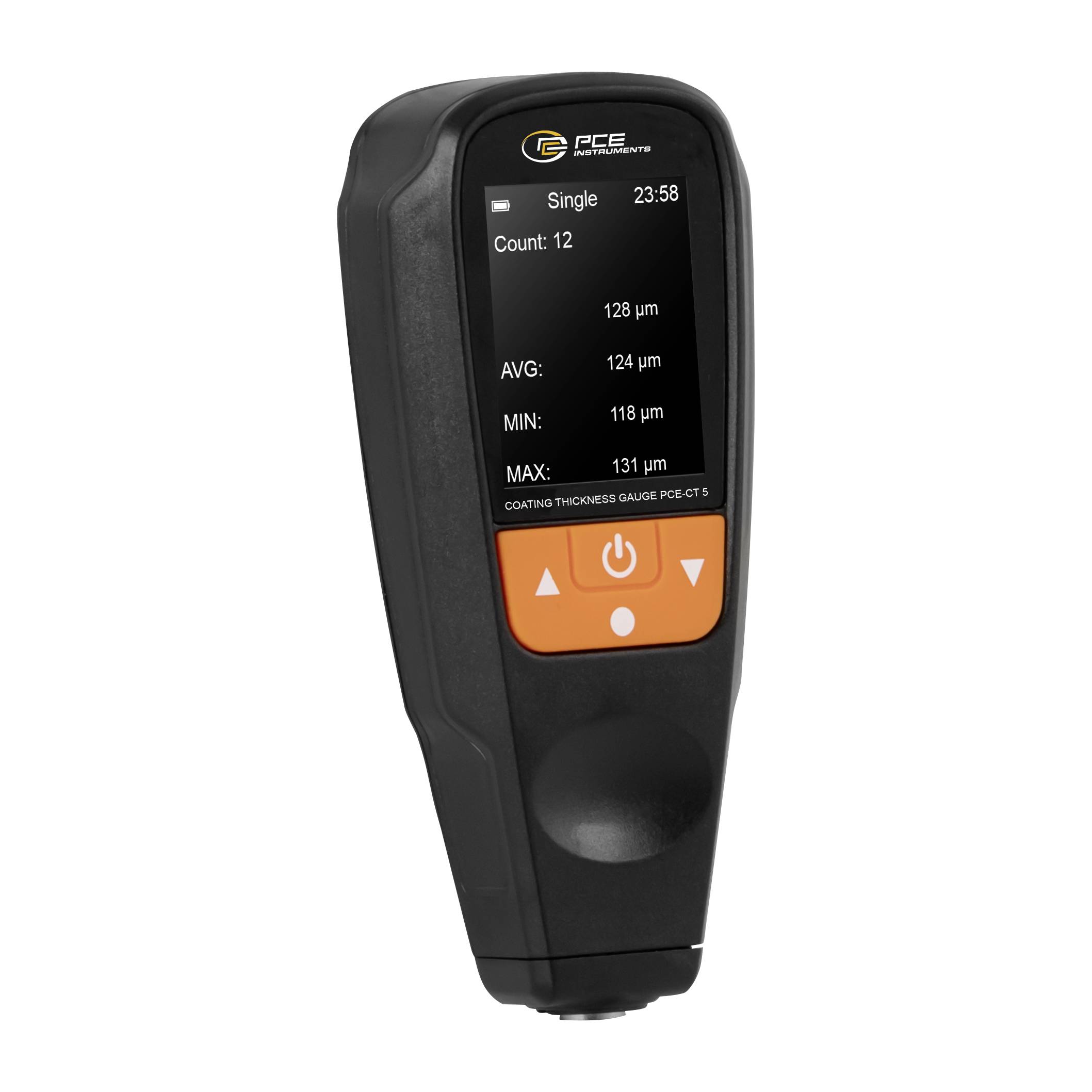 Handheld PCE coating thickness gauge displaying single measurement results, count 12, average 124 µm, minimum 118 µm, maximum 131 µm.<br>