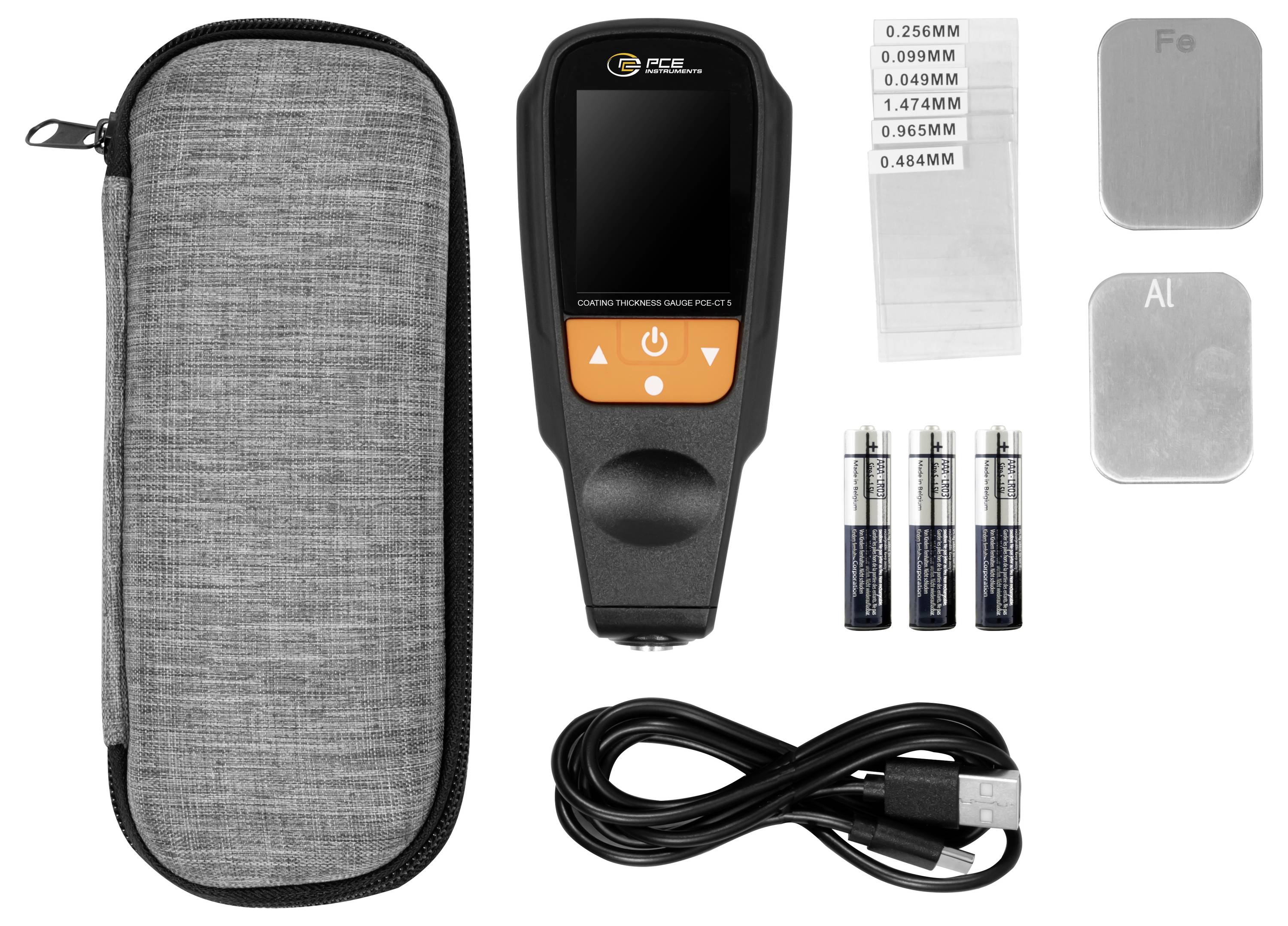 Digital coating thickness gauge kit with carrying case, USB cable, batteries, calibration foils, and Fe/Al metal standards.