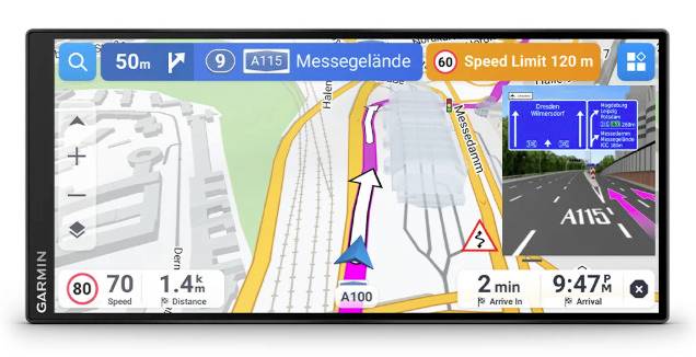 GPS navigation screen showing route on A100 with lane guidance, 2 min remaining, 1.4 km distance, and speed limit 120 m/h.