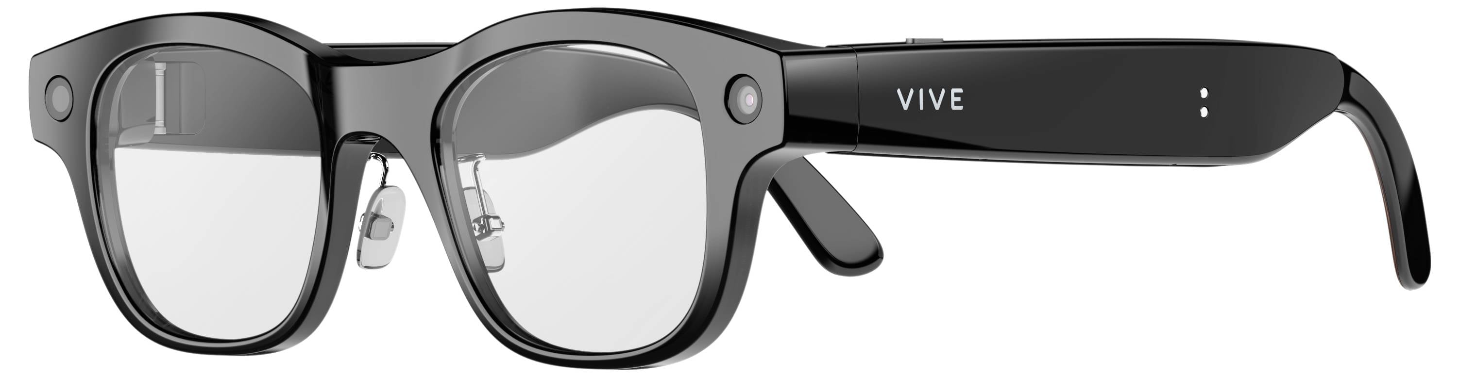 Black Vive eyeglasses with thick frames, clear lenses, and a side arm labeled 'VIVE'.