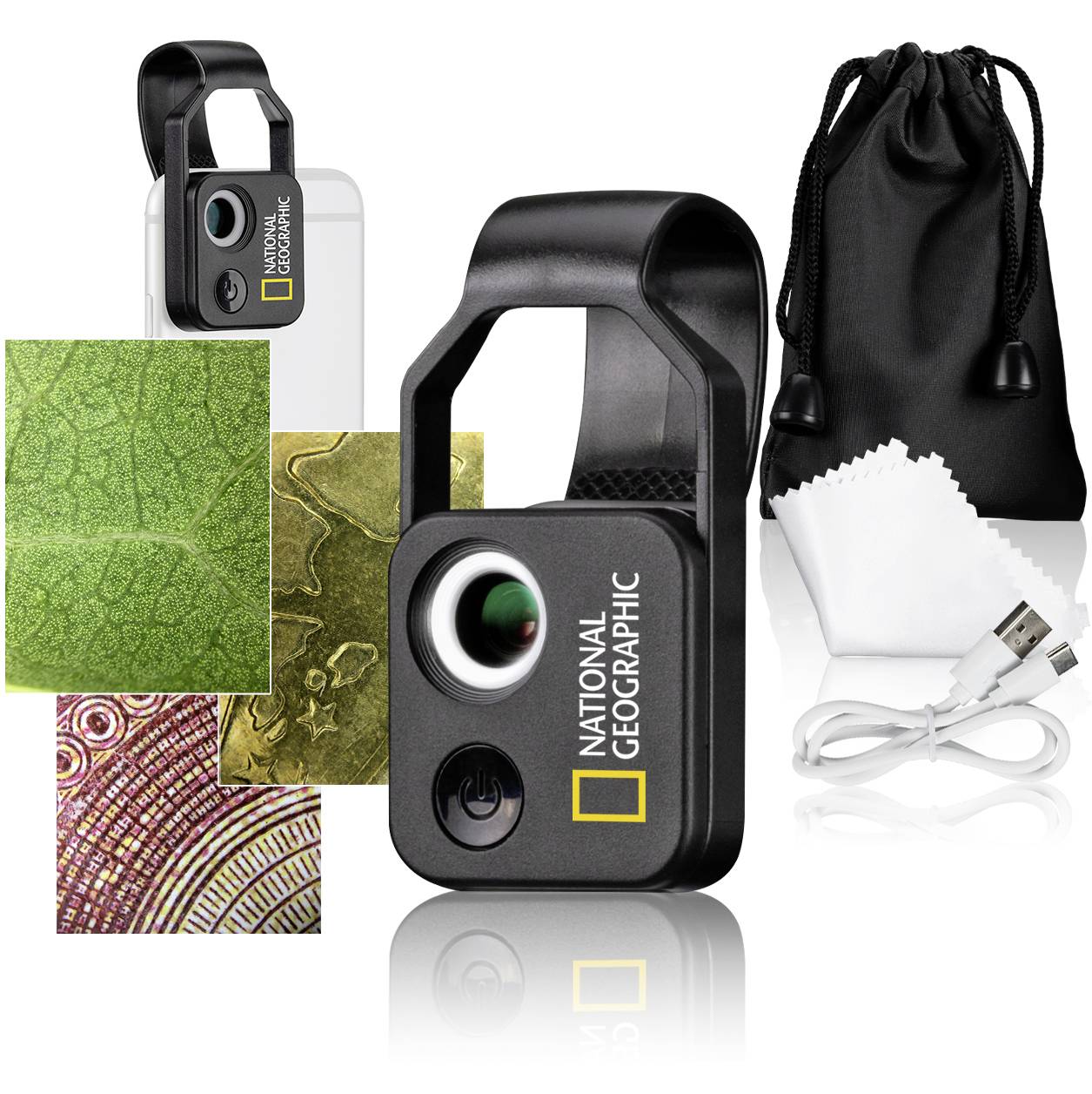 National Geographic clip-on smartphone camera lens kit with carrying pouch, USB cable, and sample magnified image textures.<br>