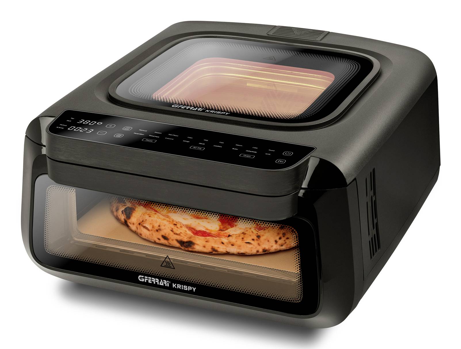 Black countertop air fryer oven with a pizza cooking inside and a digital control panel on the front<br>