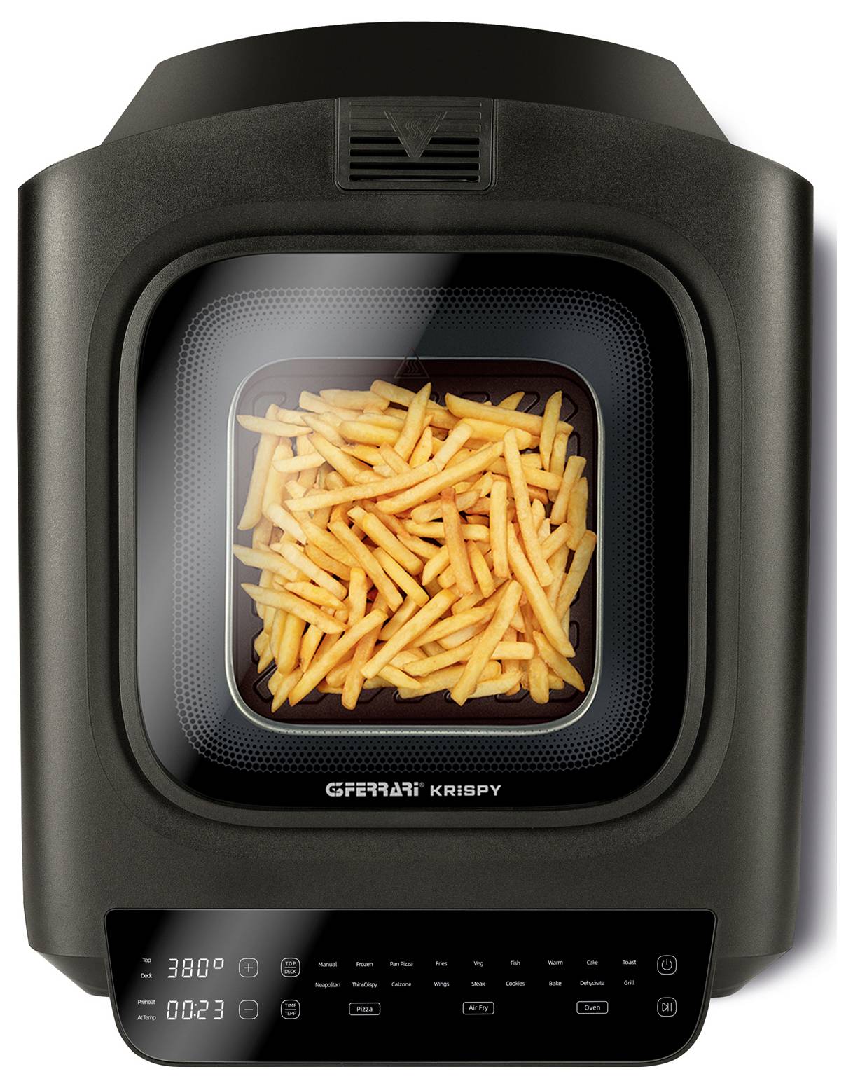Black air fryer cooking basket filled with French fries, with digital temperature and timer controls on the front display.