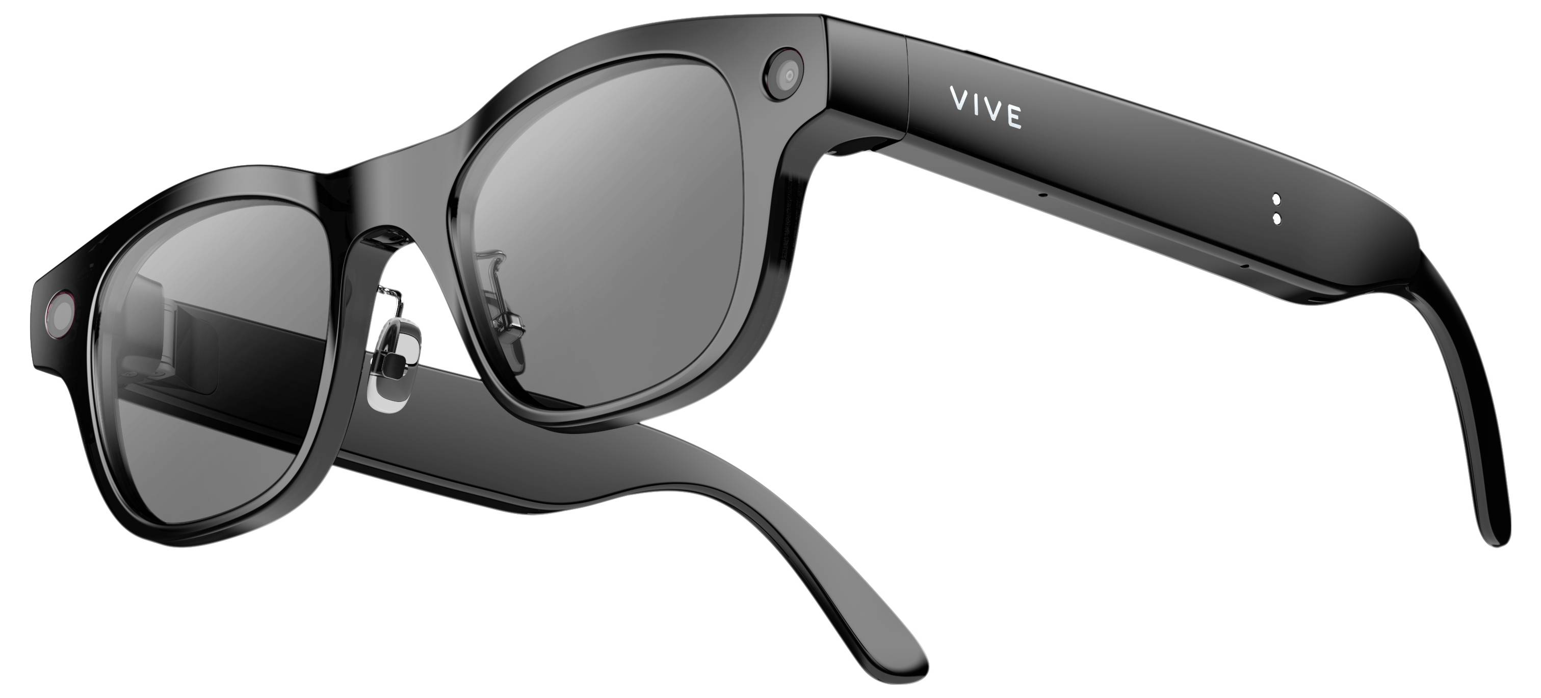 Black VIVE smart glasses with dark lenses and integrated side arms, shown on a white background.