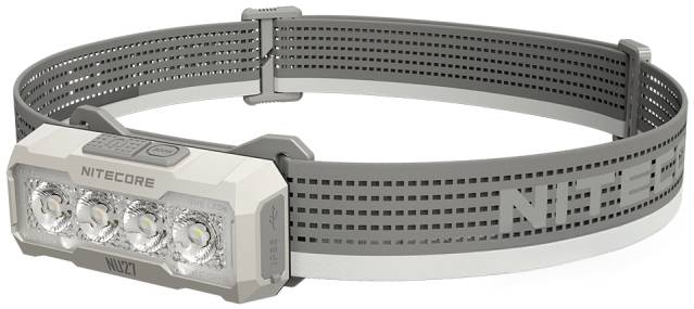 Gray Nitecore NU27 headlamp with adjustable strap, shown with a 'klettern' test label rating it 'SEHR GUT' for issue 01/2026.